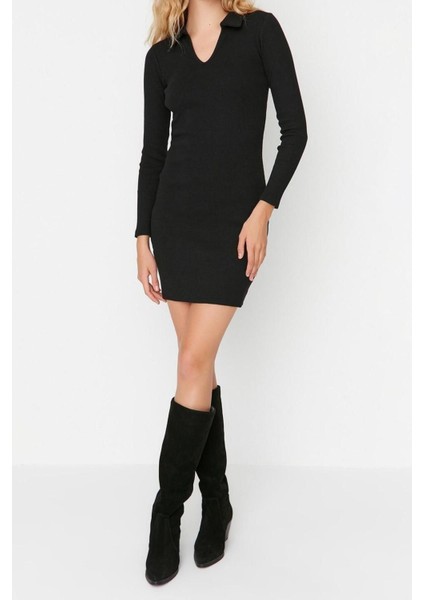 Yeni Slim Casual Günlük Rejenere Kaşkorse Örme Polo Yaka Uzun Kol Bodycone Mini Boy Elbise fiyatları