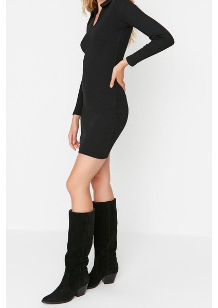 Yeni Slim Casual Günlük Rejenere Kaşkorse Örme Polo Yaka Uzun Kol Bodycone Mini Boy Elbise fırsatları