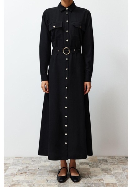 Yeni Regular Günlük Terryviskon Dokuma Gömlek Yaka Uzun Kol Gömlek Elbise Maxi Boy Tesettür Elbise