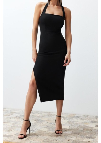 Yeni Fit Mezuniyet Balo Finike Dokuma Kare Yaka Askılı Kol Bodycone Midi Boy Elbise