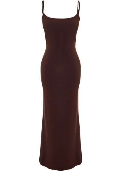 Yeni Slim Gündüz Gece Kalın Sandy Örme Kare Yaka Askılı Kol Bodycone Maxi Boy Elbise