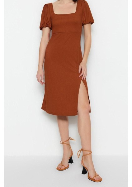 Yeni Regular Casual Günlük Bürümcük Örme Kare Yaka Kısa Kol A-Line Midi Boy Elbise