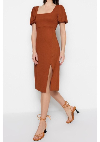 Yeni Regular Casual Günlük Bürümcük Örme Kare Yaka Kısa Kol A-Line Midi Boy Elbise
