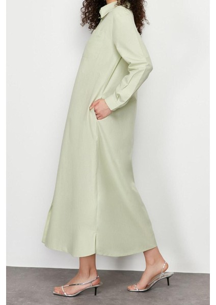 Yeni Regular Casual Günlük Poplin Dokuma Gömlek Yaka Uzun Kol Gömlek Elbise Maxi Boy Tesettür Elbise