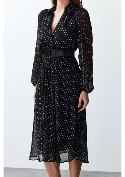 Yeni Regular Gündüz Gece Şifon Dokuma Kruvaze Uzun Kol Skater Maxi Boy Elbise