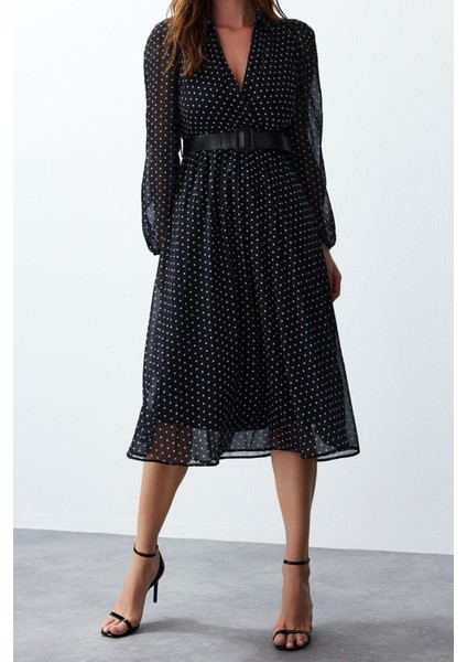 Yeni Regular Gündüz Gece Şifon Dokuma Kruvaze Uzun Kol Skater Maxi Boy Elbise fırsatları