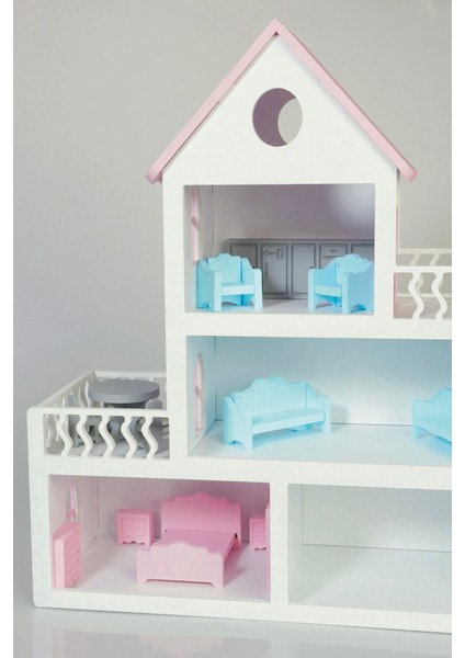 Boyalı Ahşap Barbie Bebek Evi Oyuncak (15 Adet Mobilya Hediyeli) indirimleri