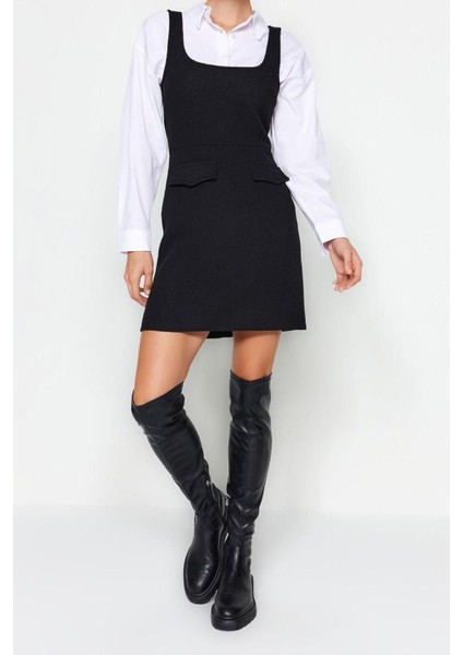 Yeni Regular Casual Günlük Tüvit Dokuma Kare Yaka Askılı Kol Jile Mini Boy Elbise