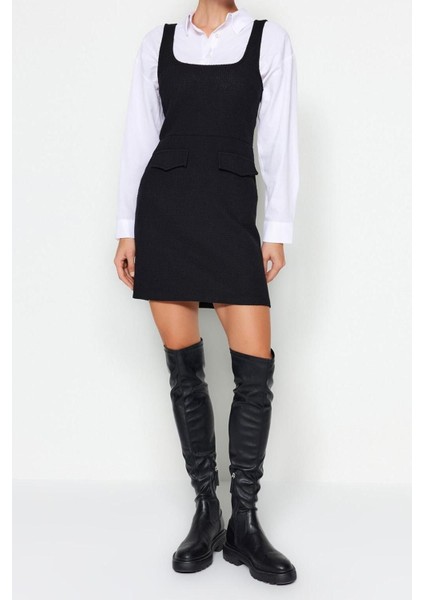 Yeni Regular Casual Günlük Tüvit Dokuma Kare Yaka Askılı Kol Jile Mini Boy Elbise