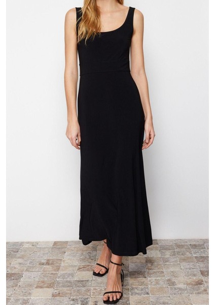 Yeni Slim Casual Günlük Kalın Sandy Örme Havuz Yaka Kolsuz Kol A-Line Maxi Boy Elbise