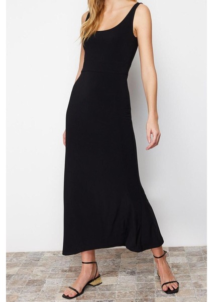 Yeni Slim Casual Günlük Kalın Sandy Örme Havuz Yaka Kolsuz Kol A-Line Maxi Boy Elbise