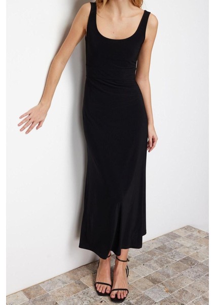 Yeni Slim Casual Günlük Kalın Sandy Örme Havuz Yaka Kolsuz Kol A-Line Maxi Boy Elbise