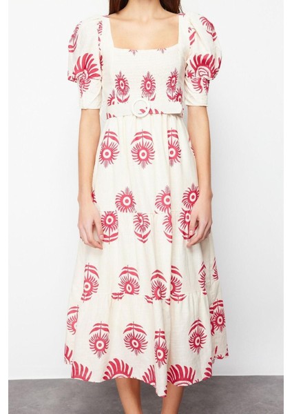 Yeni Regular Casual Günlük Keten Karışımlı Dokuma Kare Yaka Kısa Kol Skater Midi Boy Elbise