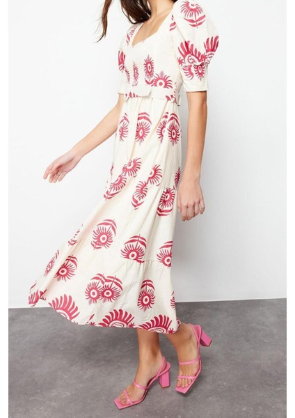 Yeni Regular Casual Günlük Keten Karışımlı Dokuma Kare Yaka Kısa Kol Skater Midi Boy Elbise fiyatları