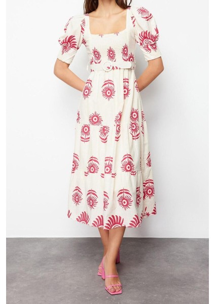 Yeni Regular Casual Günlük Keten Karışımlı Dokuma Kare Yaka Kısa Kol Skater Midi Boy Elbise modelleri