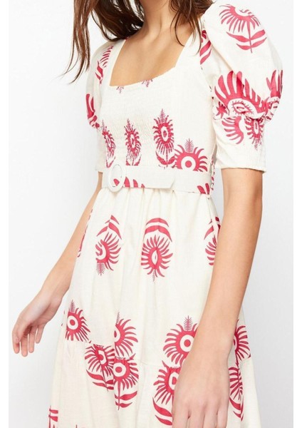 Yeni Regular Casual Günlük Keten Karışımlı Dokuma Kare Yaka Kısa Kol Skater Midi Boy Elbise fırsatları