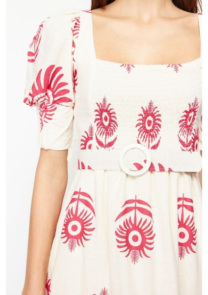 Yeni Regular Casual Günlük Keten Karışımlı Dokuma Kare Yaka Kısa Kol Skater Midi Boy Elbise indirimleri