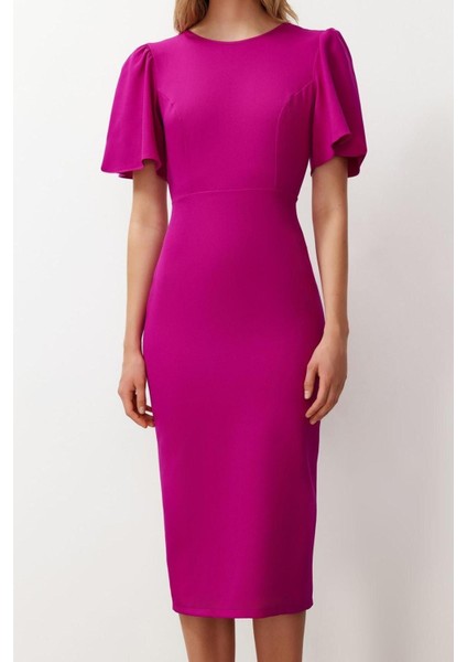 Yeni Regular Gündüz Gece Finike Dokuma Bisiklet Yaka Kısa Kol Bodycone Midi Boy Elbise