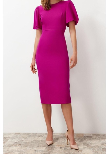 Yeni Regular Gündüz Gece Finike Dokuma Bisiklet Yaka Kısa Kol Bodycone Midi Boy Elbise fiyatları