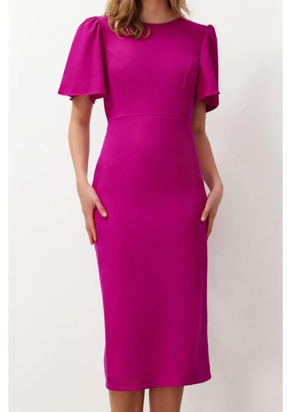 Yeni Regular Gündüz Gece Finike Dokuma Bisiklet Yaka Kısa Kol Bodycone Midi Boy Elbise fırsatları