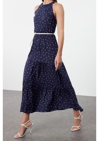 Yeni Regular Casual Günlük Shally Dokuma Halter Yaka Kolsuz Kol A-Line Maxi Boy Elbise