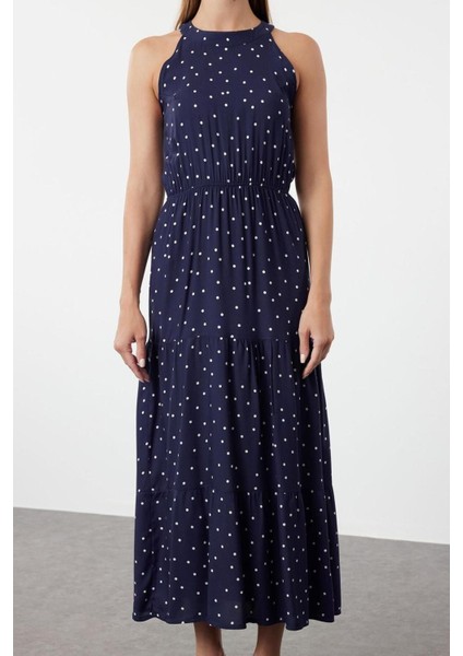 Yeni Regular Casual Günlük Shally Dokuma Halter Yaka Kolsuz Kol A-Line Maxi Boy Elbise