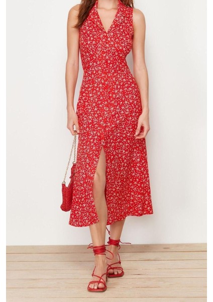Yeni Regular Casual Günlük Shally Dokuma Gömlek Yaka Kolsuz Kol Gömlek Elbise Midi Boy Elbise