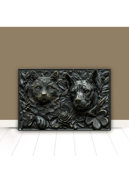 3D Görünümlü Metal Tablo Kedi Köpek, Poster, Tablo, Tuval, Ev Dekorasyon, Dekorasyon