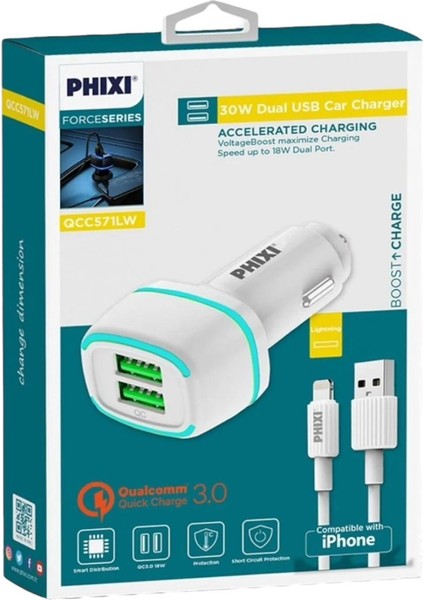 Ift Çıkışlı Fast Lightning USB Kablolu Araç Şarj Cihazı Iphone Uyumlu QCC571LW