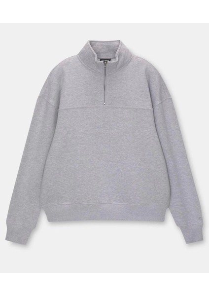 Pilelistore Oversize Yarım Farmuarlı Yakalı Basic Sweatshirt - Gri