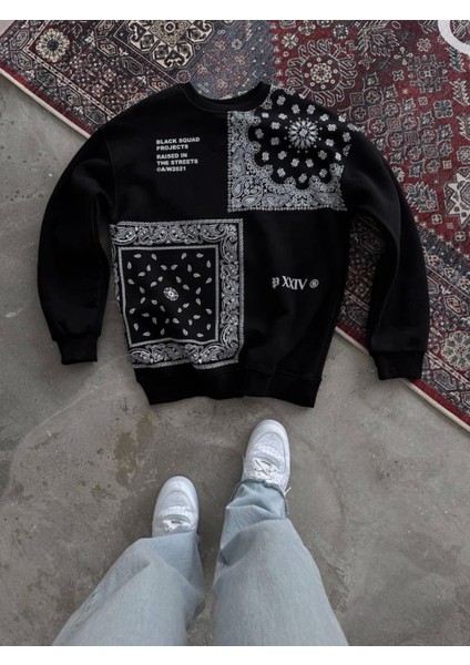 Pilelistore Desenli Üç Iplik Bisiklet Yaka Oversize Sweatshirt - Siyah