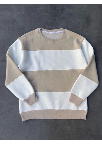 Pilelistore Parçalı Bisiklet Yaka Baskılı Sweatshirt - Bej