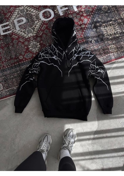 Pilelistore Yıldırım Baskılı Kapşonlu Sweatshirt - Siyah