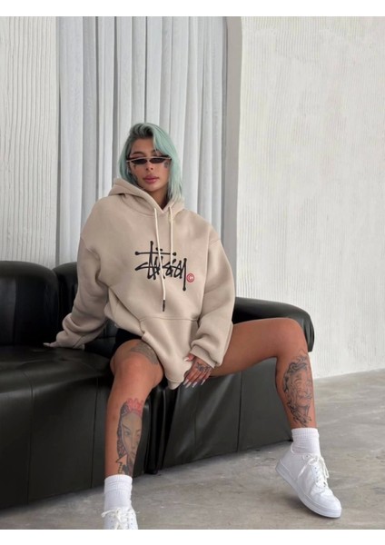 Pilelistore Üç Iplik Kapşonlu Baskılı Sweatshirt - Bej