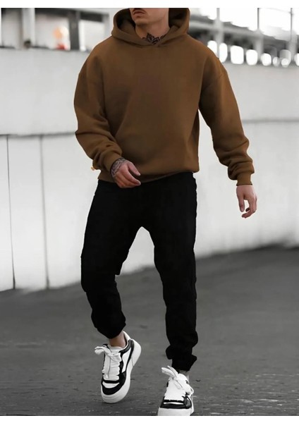 Büyük Beden Özel Tasarım Kapüşonlu Kahverengi-Siyah Kışlık Battal Erkek Eşofman Takımı