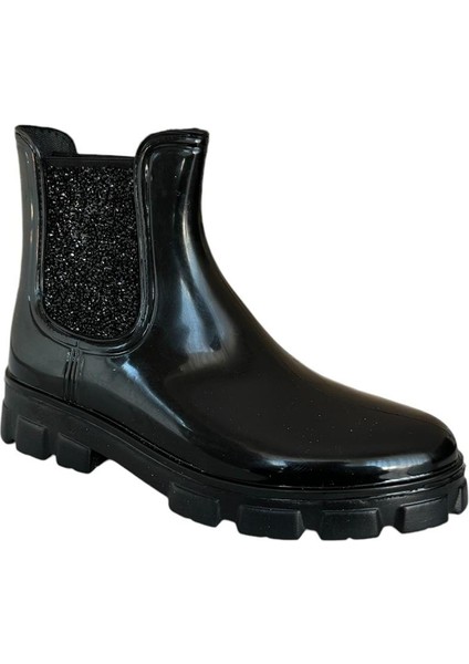Taşlı Su Geçirmez Kadın Yağmur Botu SİYAH