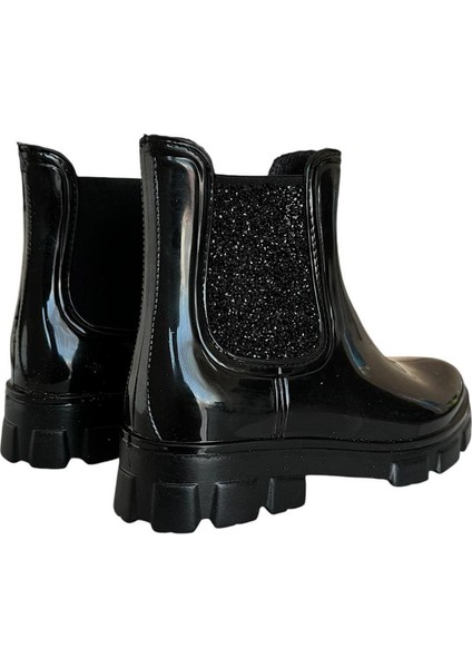 Taşlı Su Geçirmez Kadın Yağmur Botu SİYAH