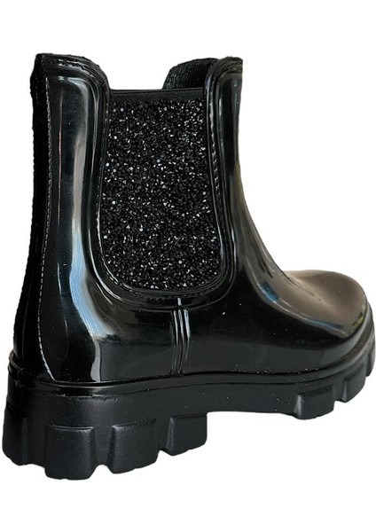 Taşlı Su Geçirmez Kadın Yağmur Botu SİYAH