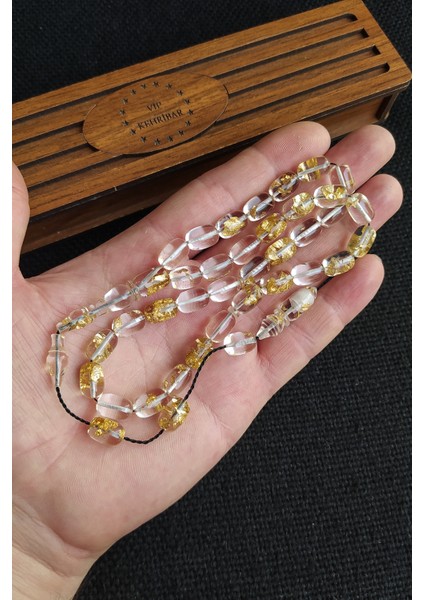24K Yenilebilir Altın Parçacıklı Tesbih Altın Varaklı Plexiglass Uçak Camı Tesbih Ahşap Kutulu