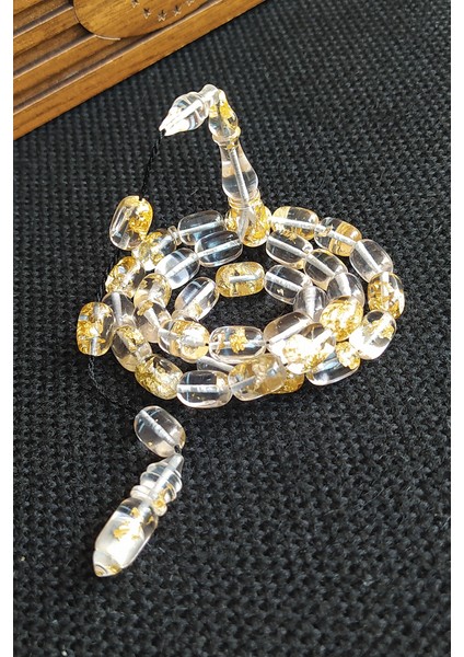 24K Yenilebilir Altın Parçacıklı Tesbih Altın Varaklı Plexiglass Uçak Camı Tesbih Ahşap Kutulu