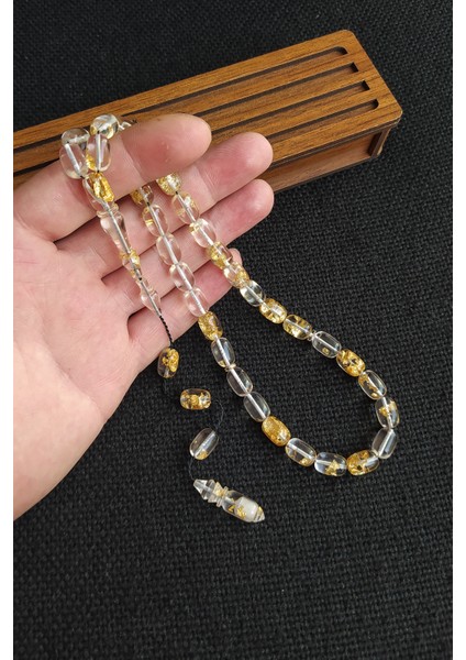 24K Yenilebilir Altın Parçacıklı Tesbih Altın Varaklı Plexiglass Uçak Camı Tesbih Ahşap Kutulu