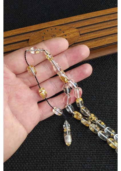 24K Yenilebilir Altın Parçacıklı Tesbih Altın Varaklı Plexiglass Uçak Camı Tesbih Ahşap Kutulu