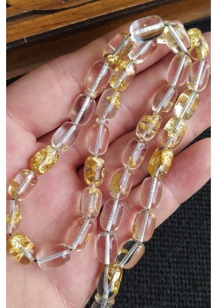 24K Yenilebilir Altın Parçacıklı Tesbih Altın Varaklı Plexiglass Uçak Camı Tesbih Ahşap Kutulu