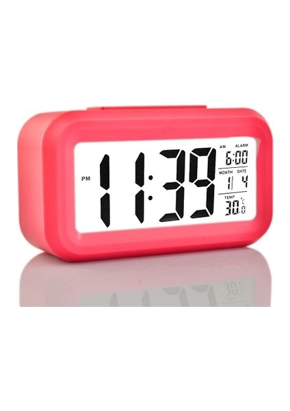 LCD Dijital Masa Saati, Gece Görüş Sensörlü Masa Saati, Termometreli Çalar Saat (Pembe)