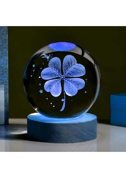 Isme Özel Ahşap 4 Yapraklı Yonca Cam Küre 3 Boyutlu Şans Küresi 6cm