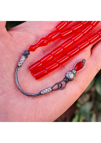 1000 Ayar Gümüş Kazazlı Kırmızı Zar Kehribar Tesbih - 7X11 mm Kırmızı Kesme