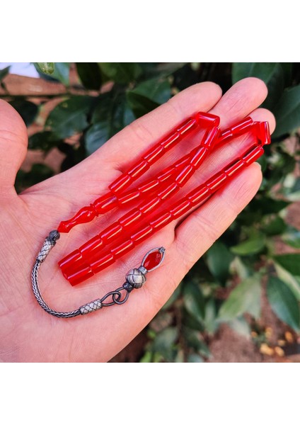 1000 Ayar Gümüş Kazazlı Kırmızı Zar Kehribar Tesbih - 7X11 mm Kırmızı Kesme fiyatları