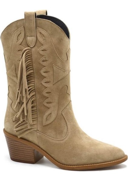 2454101K Topuklu Saçak Detaylı Vestern Deri Kadın Bot