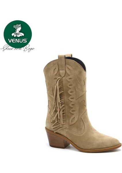 2454101K Topuklu Saçak Detaylı Vestern Deri Kadın Bot fiyatları