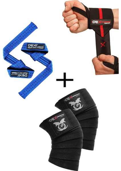 Fitness Sporcu Bilekliği Wrist Wraps Elite + Ağırlık Kaldırma Kayışı Lifting Straps Mavi + Antrenman Dizliği Knee Wraps Legend 3'lü Paket